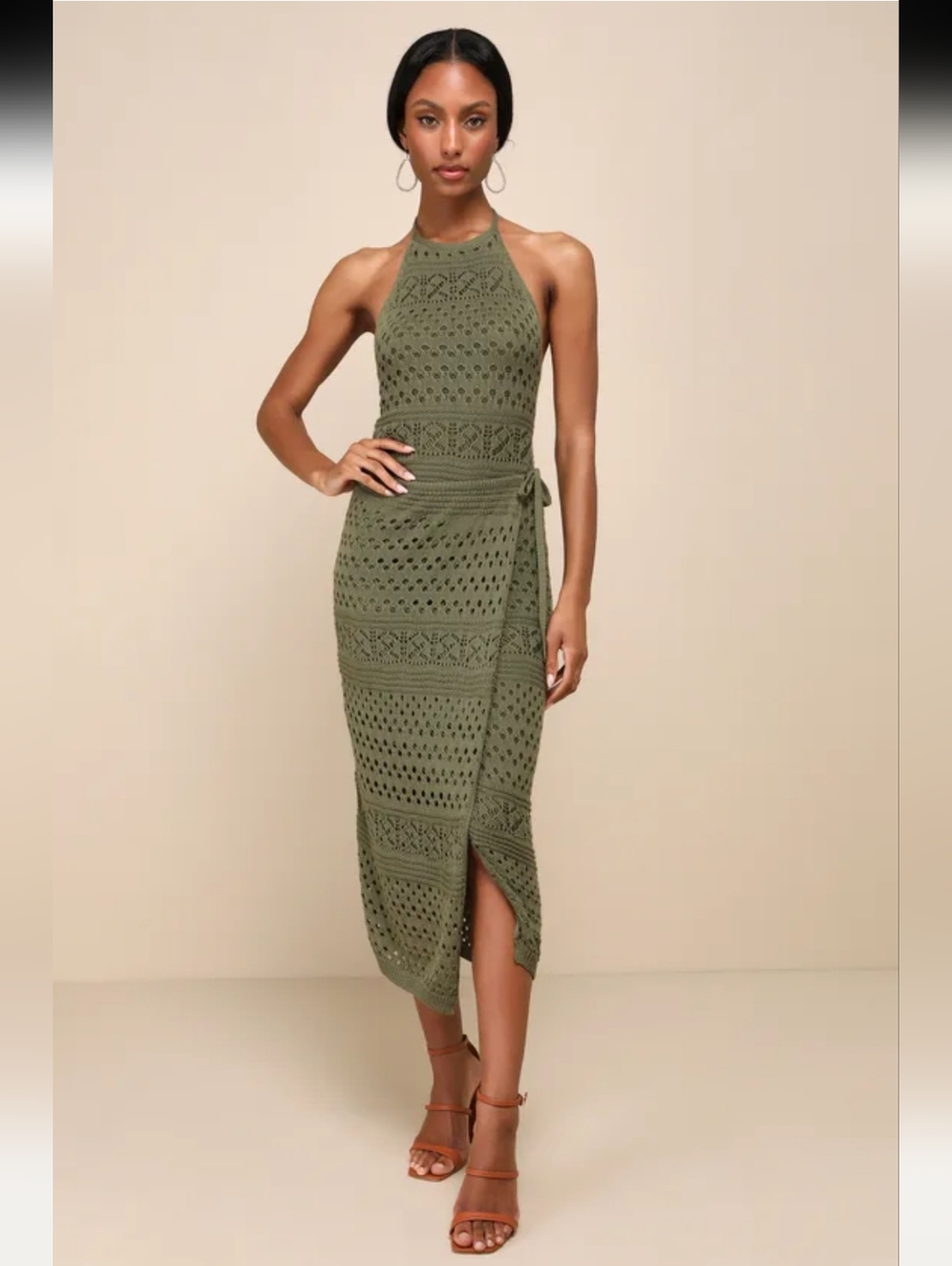 NWT Lulus Olive Crochet Wrap Halter Neck Dress